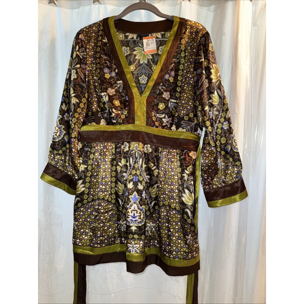 Nicole Miller Tunic Top Sz 10 Aztec Tribal Satin Blouse Pintuck 90's Y2K Style